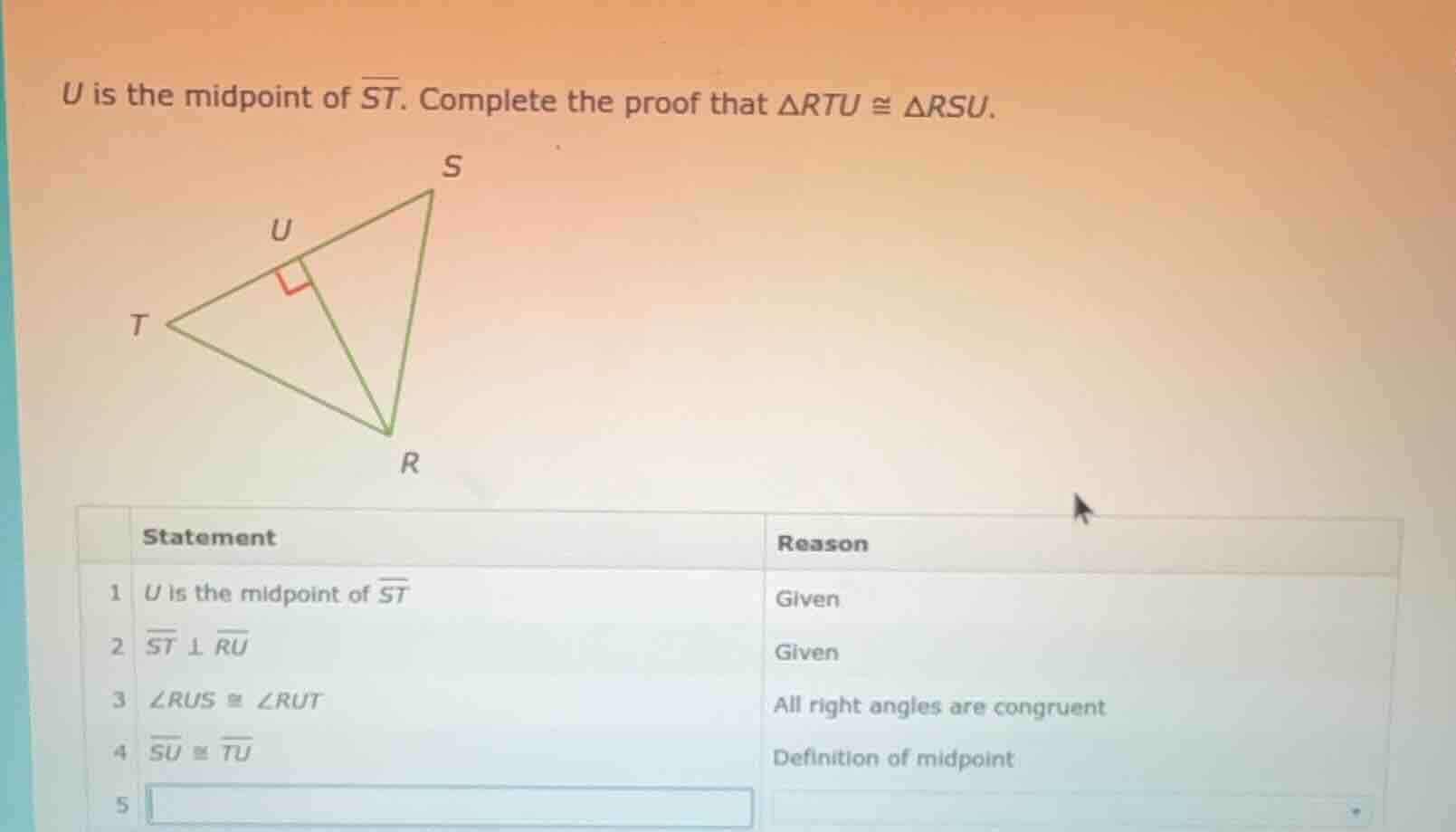 u is the midpoint of \\(\\overline{st}\\). complete the proof that \\(\…