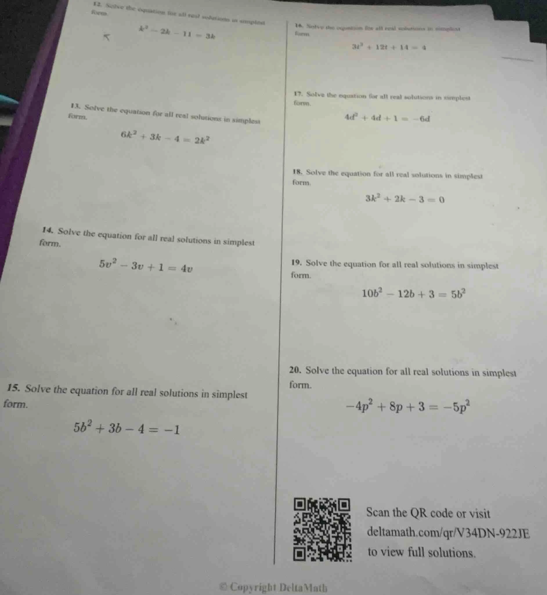 12. solve the equation for all real solutions in simplest form $k^2 - 2…