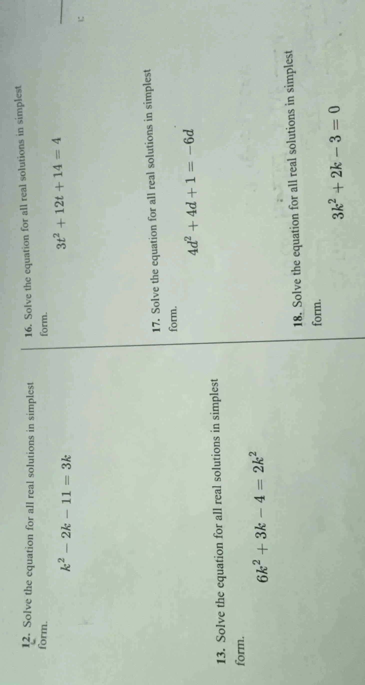 12. solve the equation for all real solutions in simplest form.\\( k^2 …