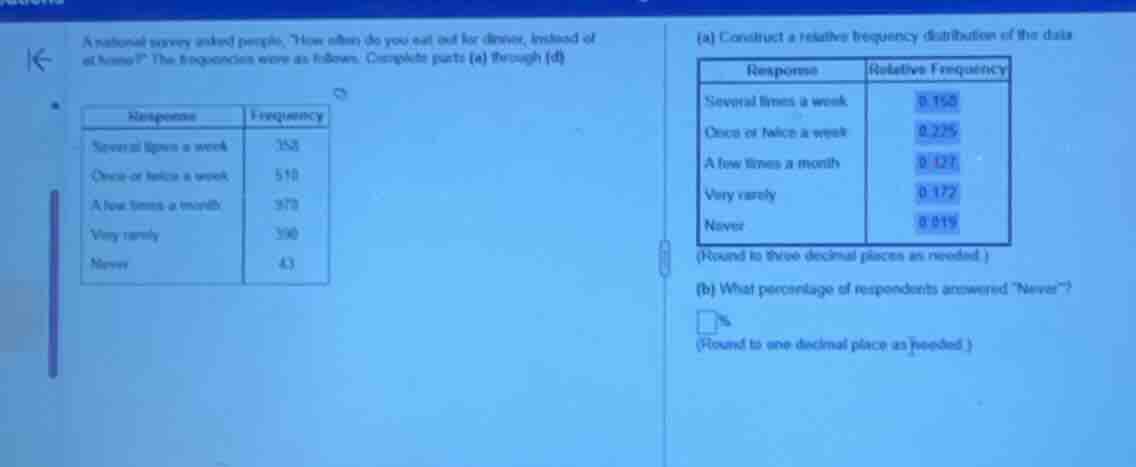 a national survey asked people, \how often do you eat out for dinner, i…