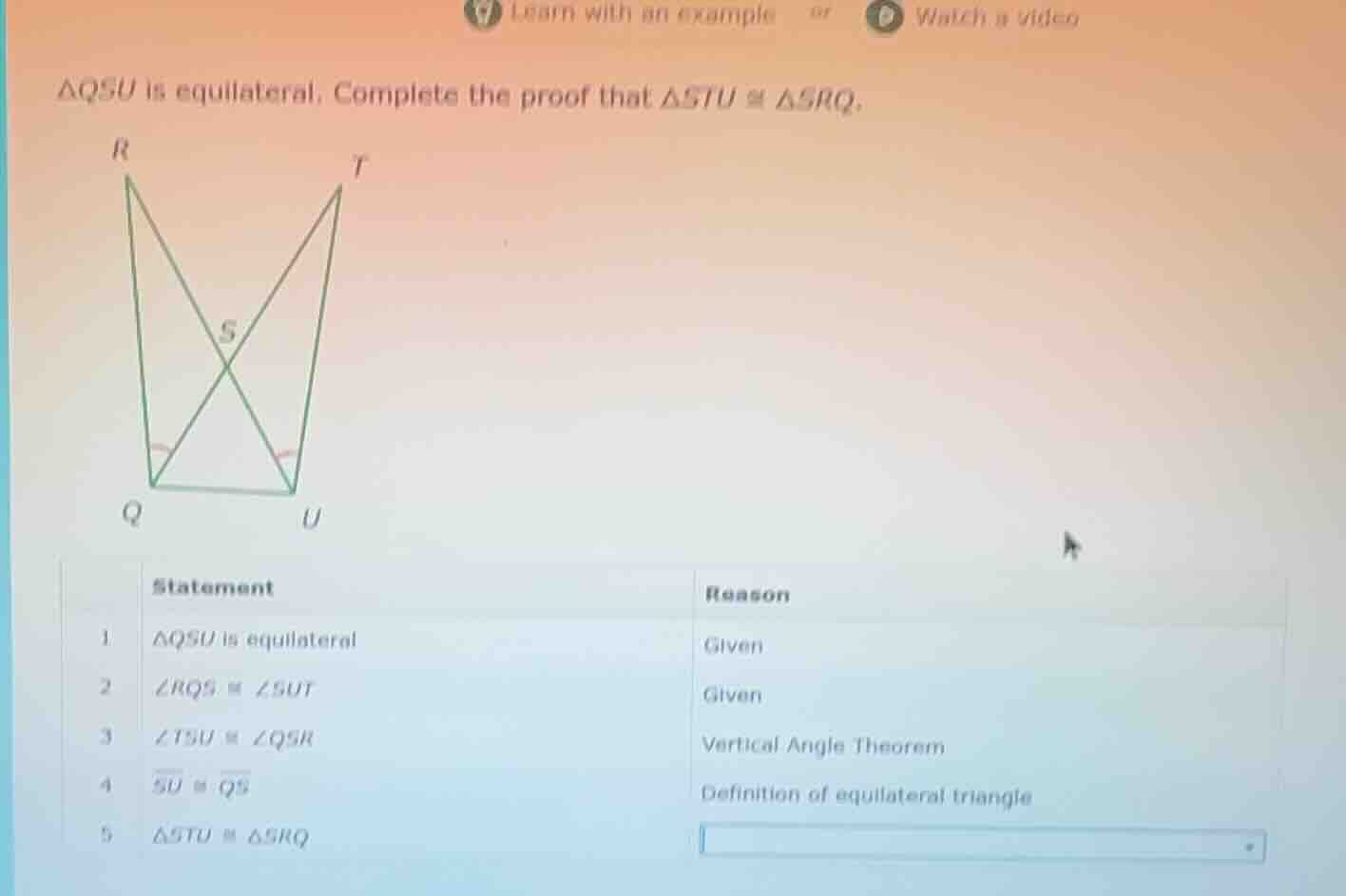 △qsu is equilateral. complete the proof that △stu ≅ △srq. (image of tri…