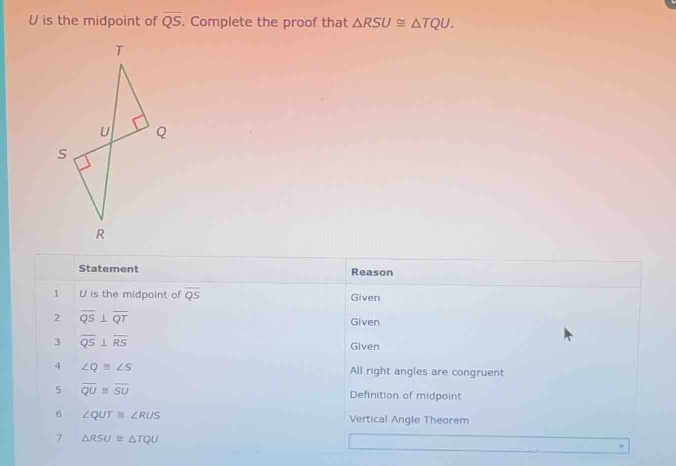 u is the midpoint of \\(\\overline{qs}\\). complete the proof that \\(\…