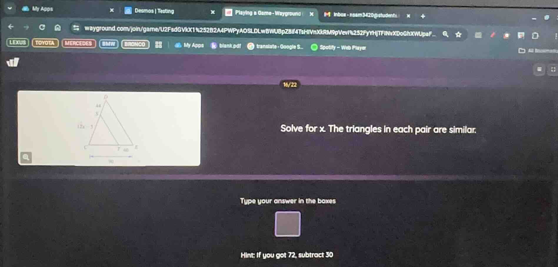 solve for x. the triangles in each pair are similar. type your answer i…