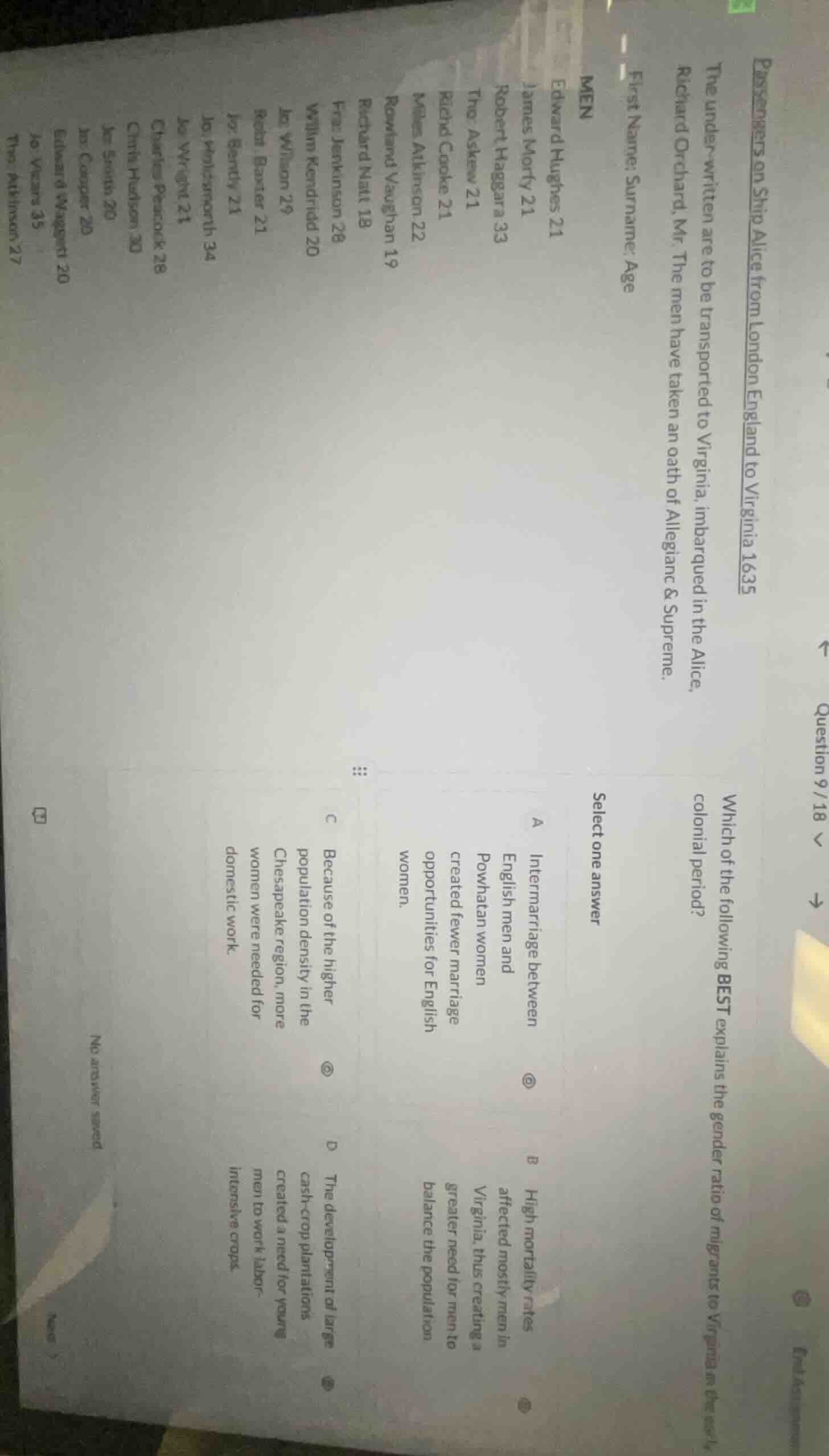 passengers on ship alice from london england to virginia 1635 the under…