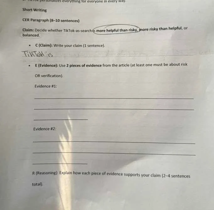 short writing cer paragraph (8 - 10 sentences) claim: decide whether ti…