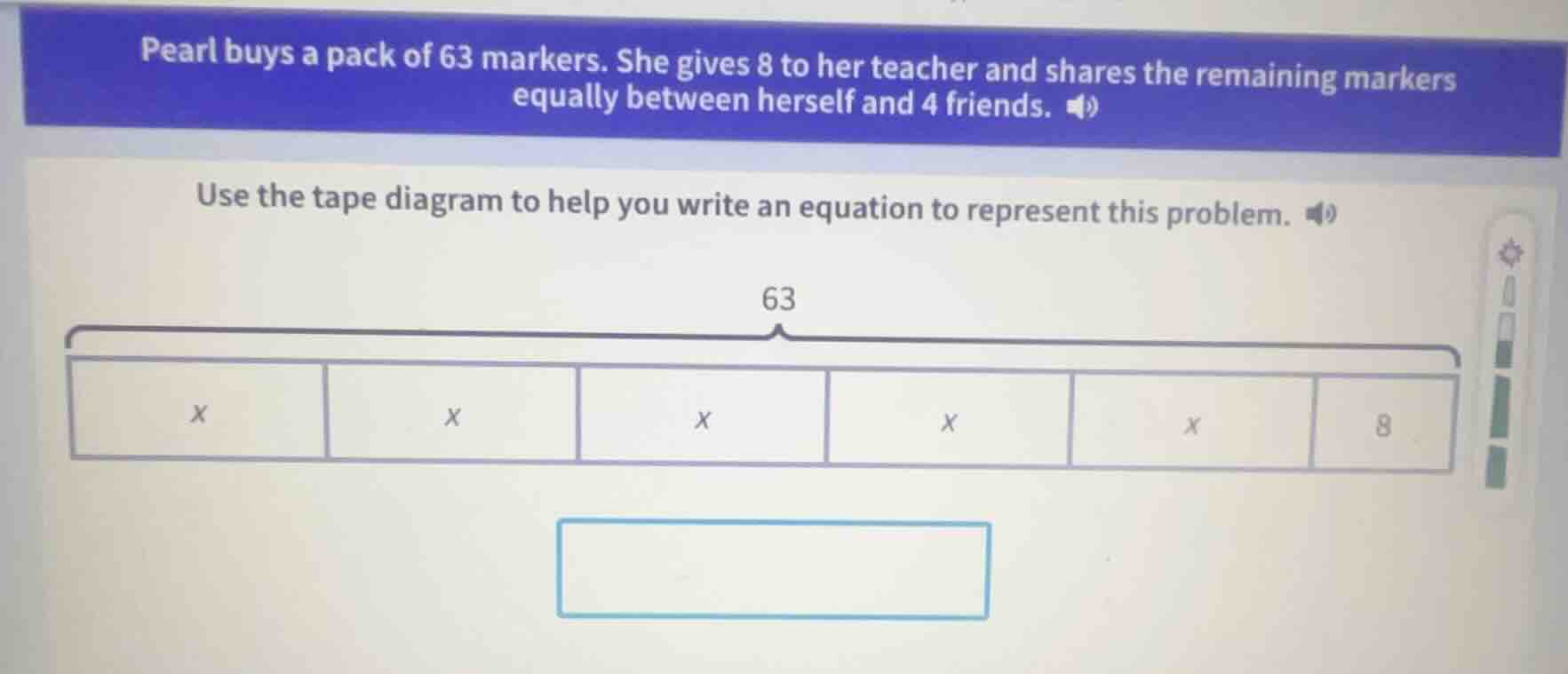 pearl buys a pack of 63 markers. she gives 8 to her teacher and shares …
