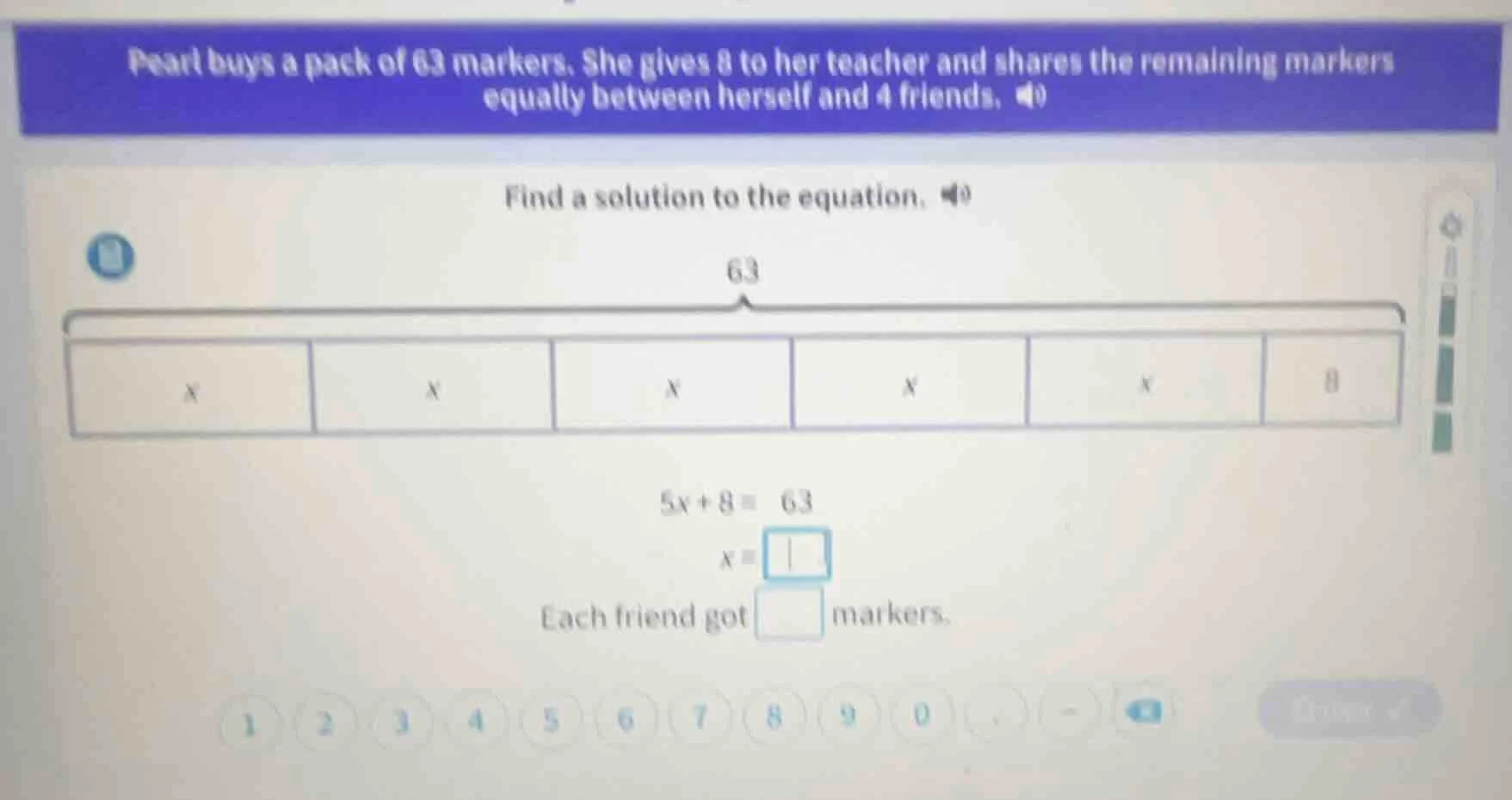 pearl buys a pack of 63 markers. she gives 8 to her teacher and shares …