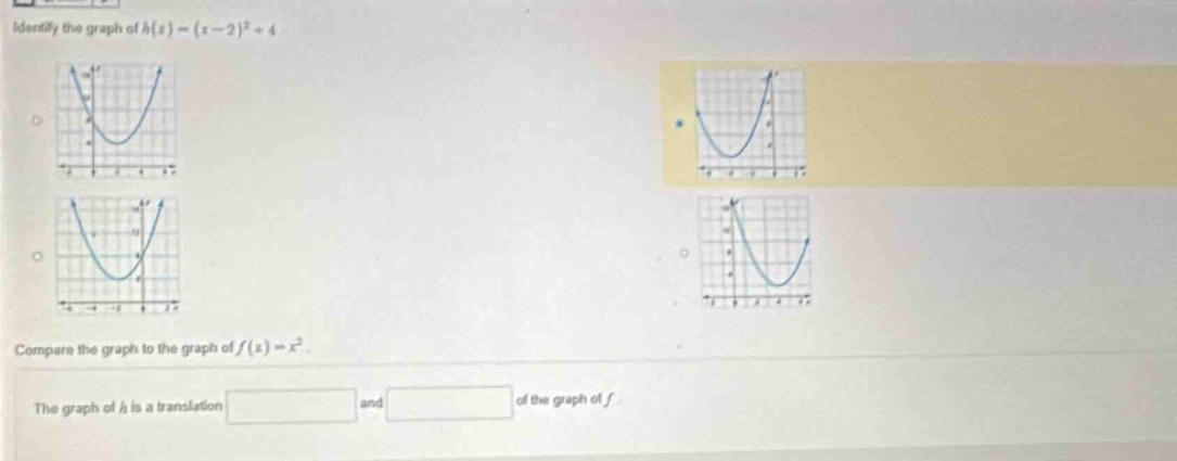 identify the graph of ( h(x) = (x - 2)^2 + 4 ) images of graphs compare…