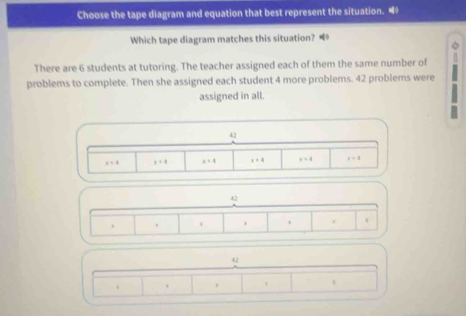 choose the tape diagram and equation that best represent the situation.…