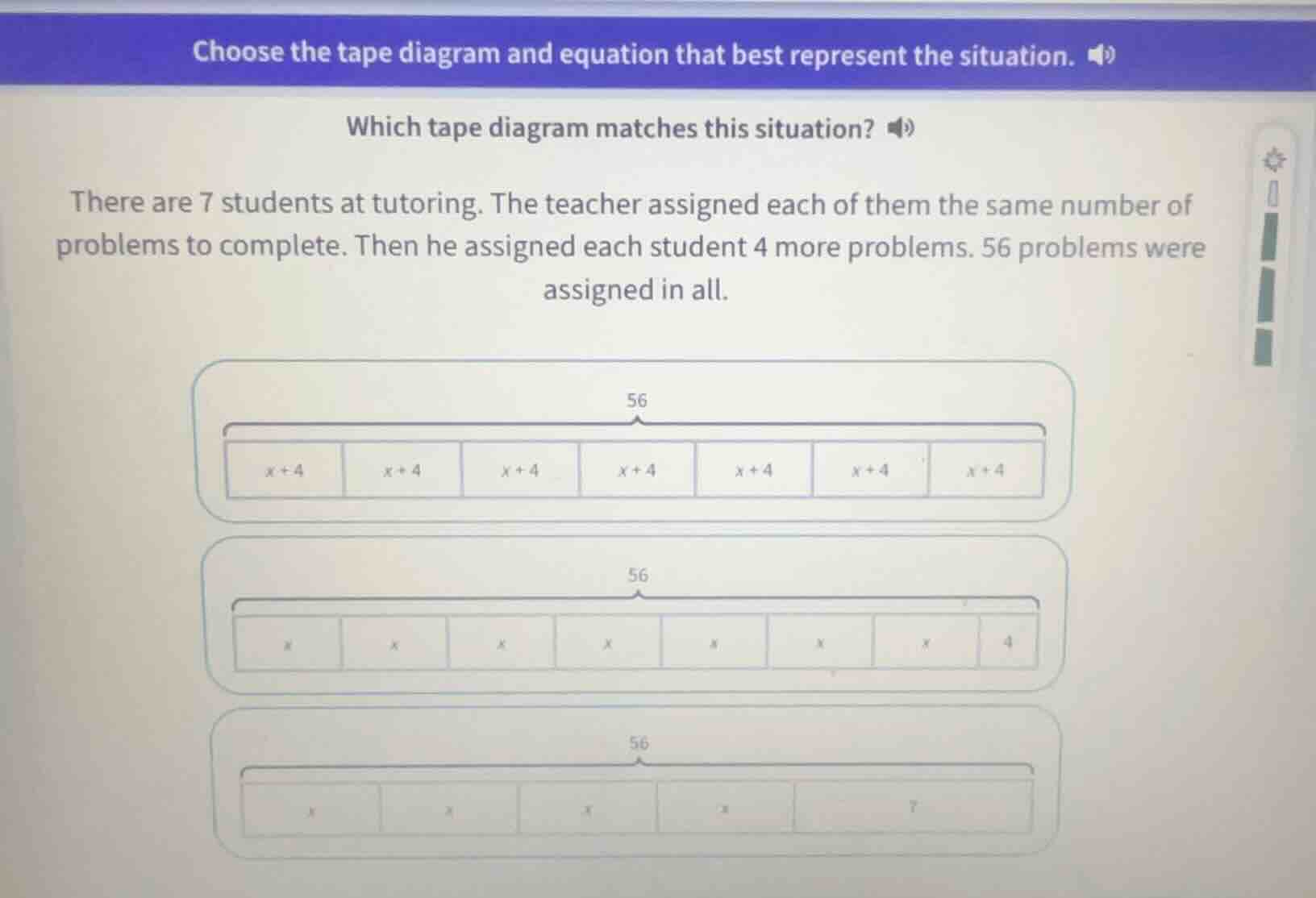 choose the tape diagram and equation that best represent the situation.…