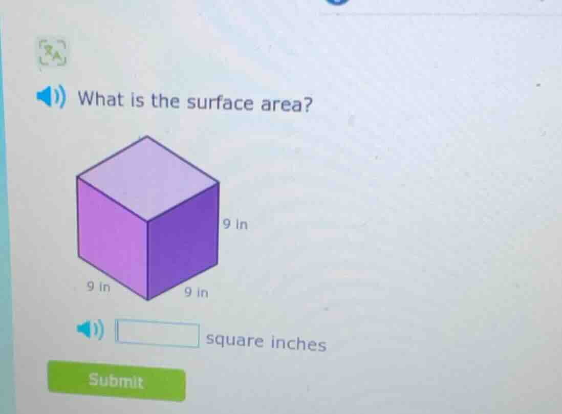 what is the surface area? 9 in 9 in 9 in square inches submit