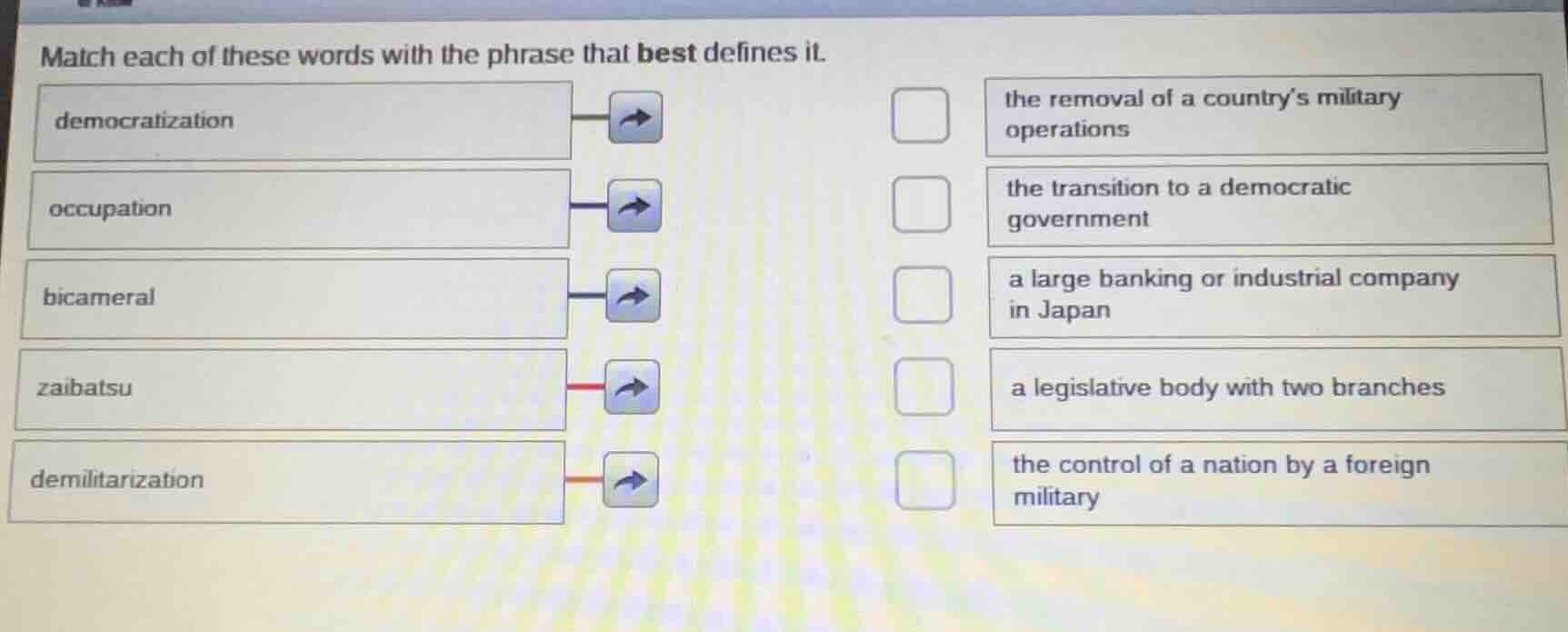 match each of these words with the phrase that best defines it. democra…