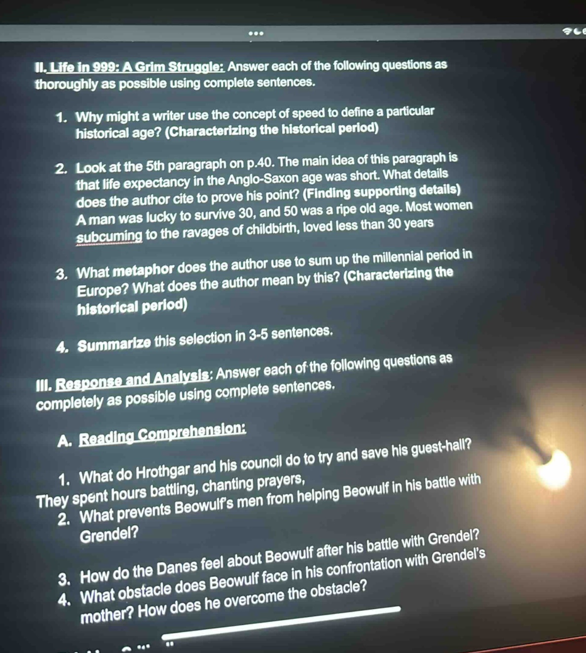 ii. life in 999: a grim struggle: answer each of the following question…