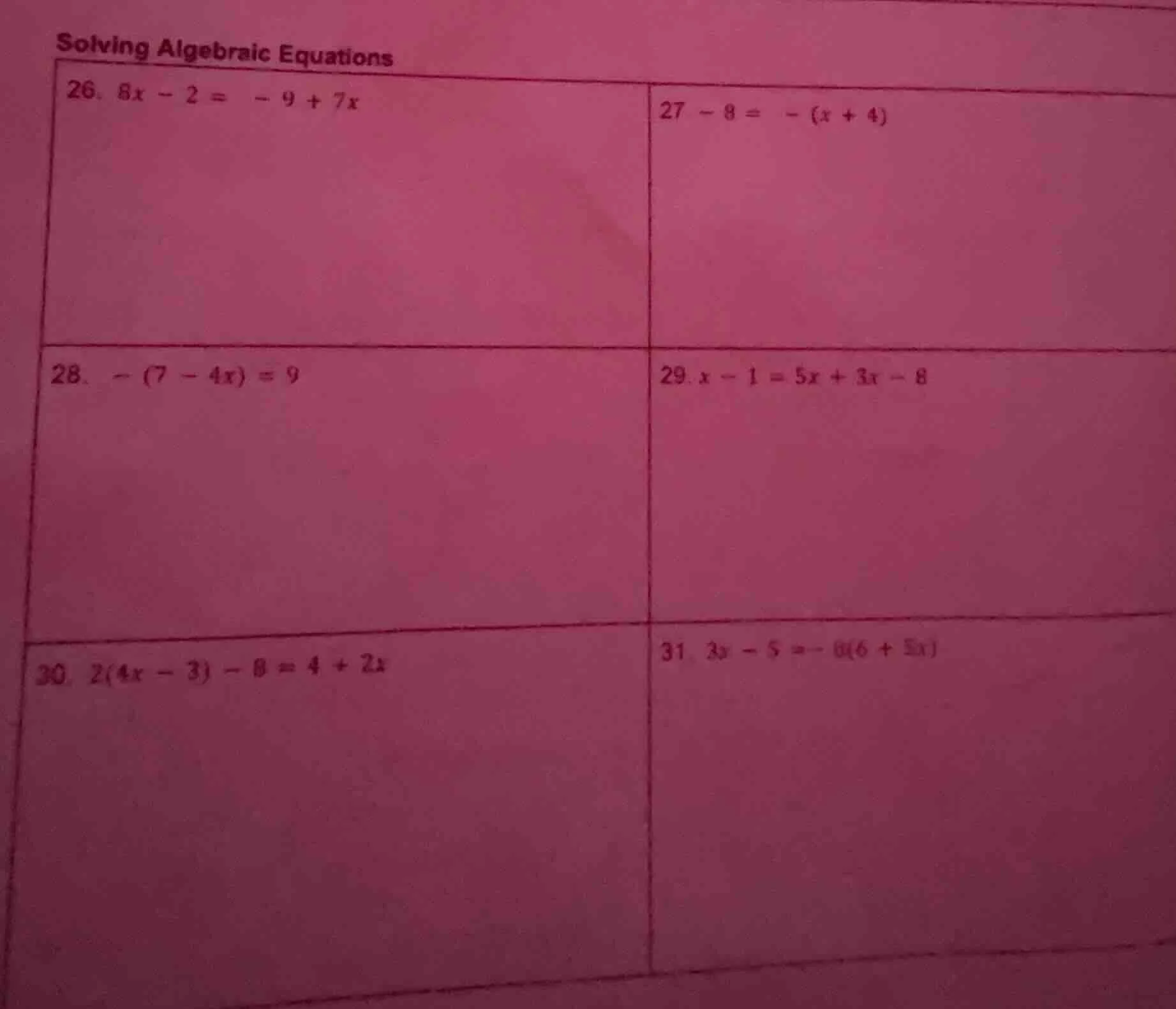 solving algebraic equations 26. $8x - 2 = -9 + 7x$ 27. $-8 = -(x + 4)$ …