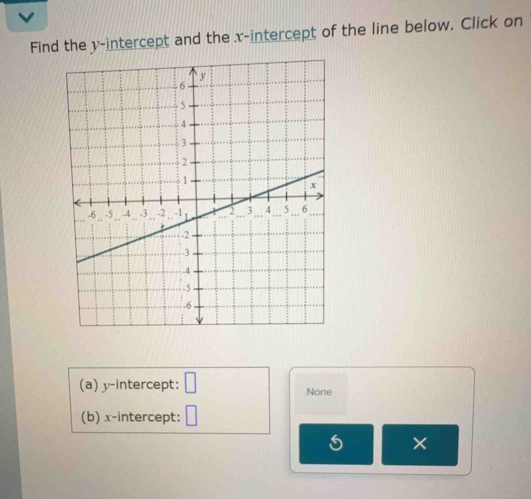 find the y-intercept and the x-intercept of the line below. click on (a…