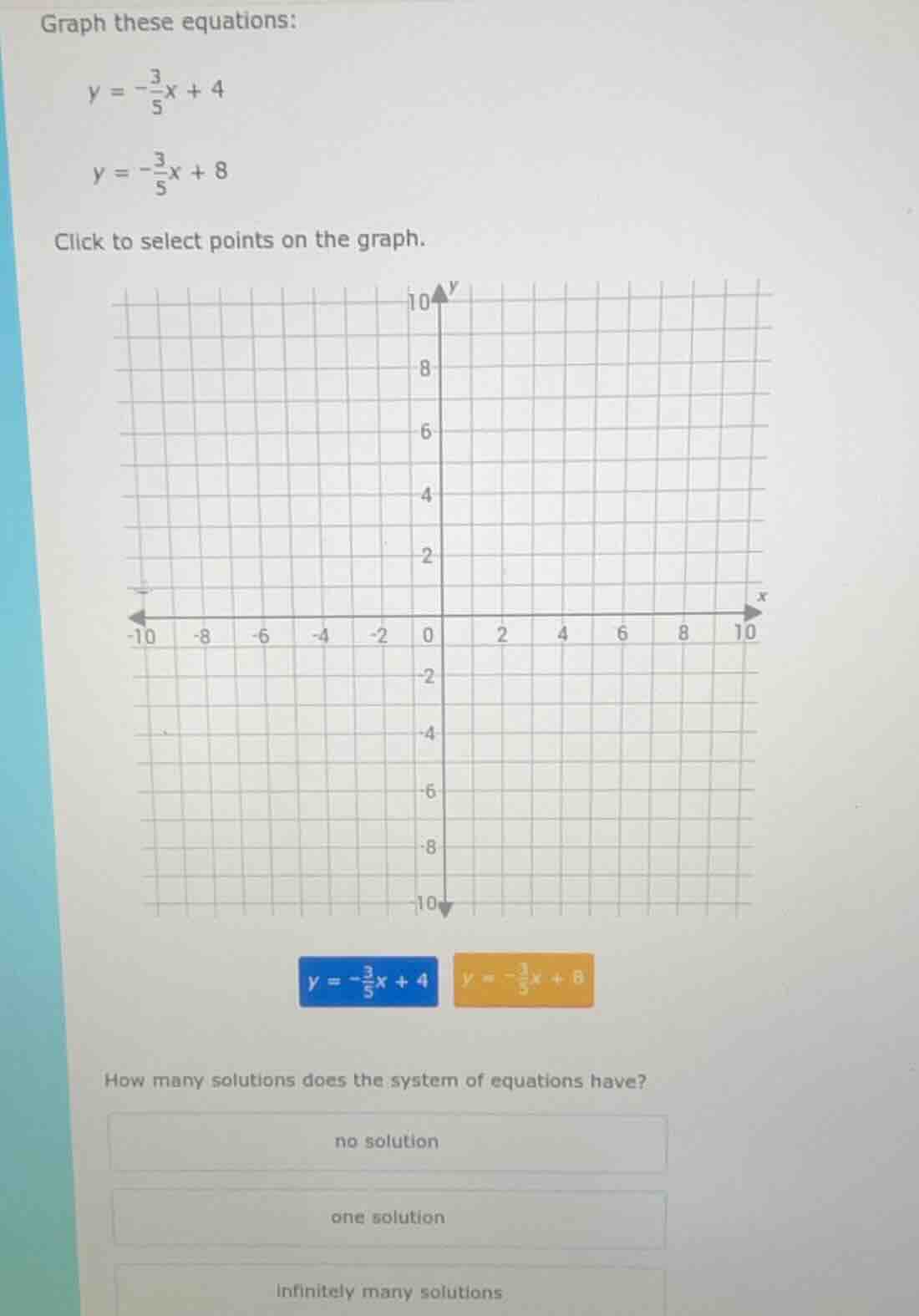 graph these equations: $y = -\frac{3}{5}x + 4$ $y = -\frac{3}{5}x + 8$ …