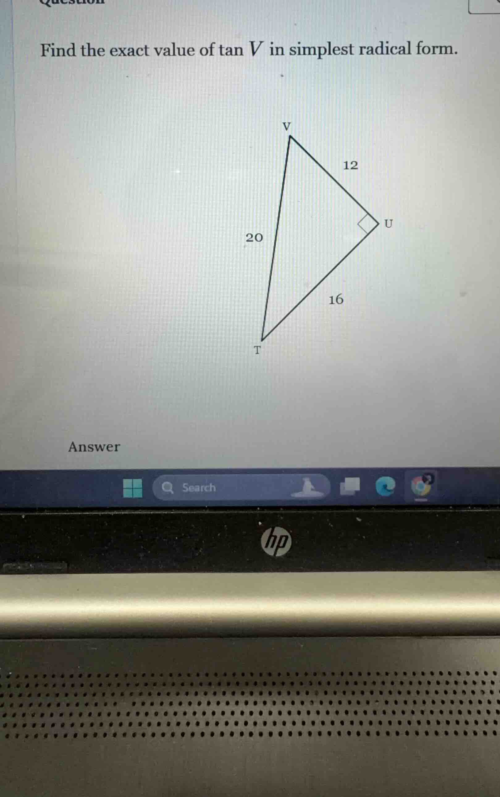 find the exact value of tan v in simplest radical form. answer