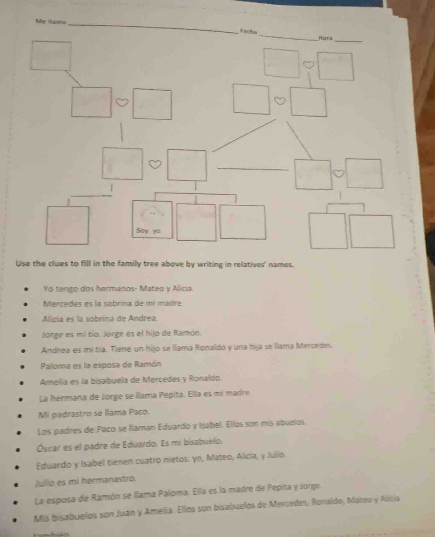 me llamo fecha hora use the clues to fill in the family tree above by w…