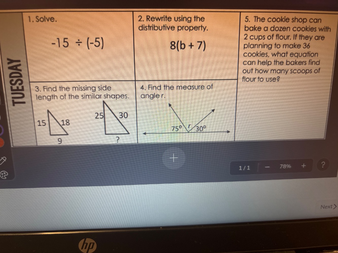 1. solve. -15 ÷ (-5) 2. rewrite using the distributive property. 8(b + …