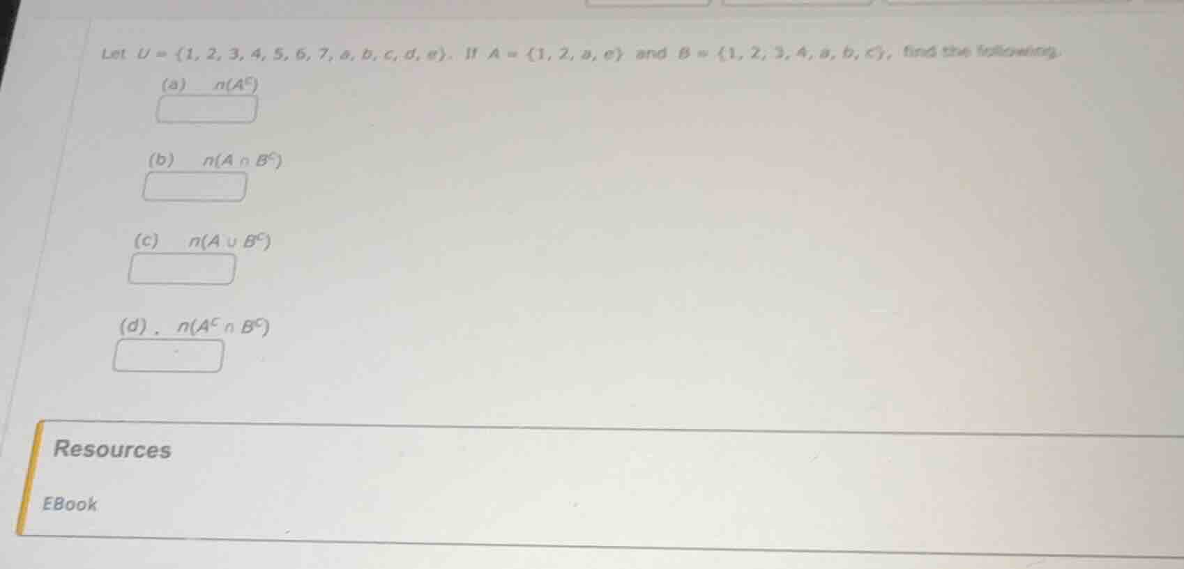 let ( u = {1, 2, 3, 4, 5, 6, 7, a, b, c, d, e} ). if ( a = {1, 2, a, e}…