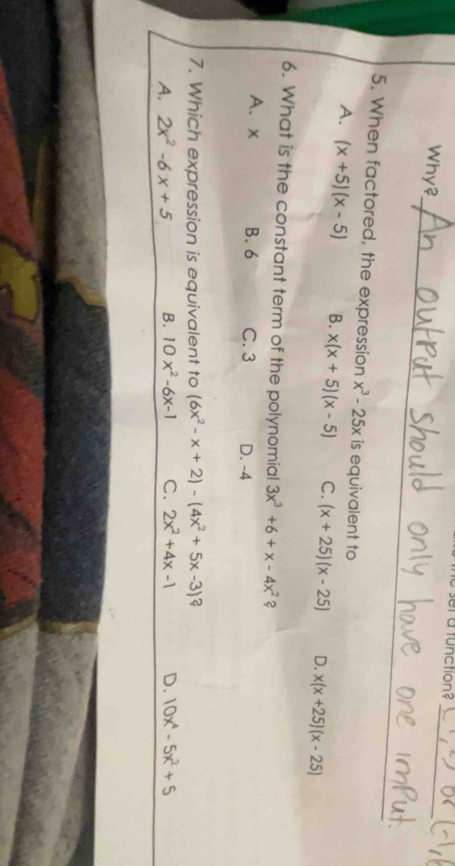 5. when factored, the expression ( x^3 - 25x ) is equivalent to a. ( (x…