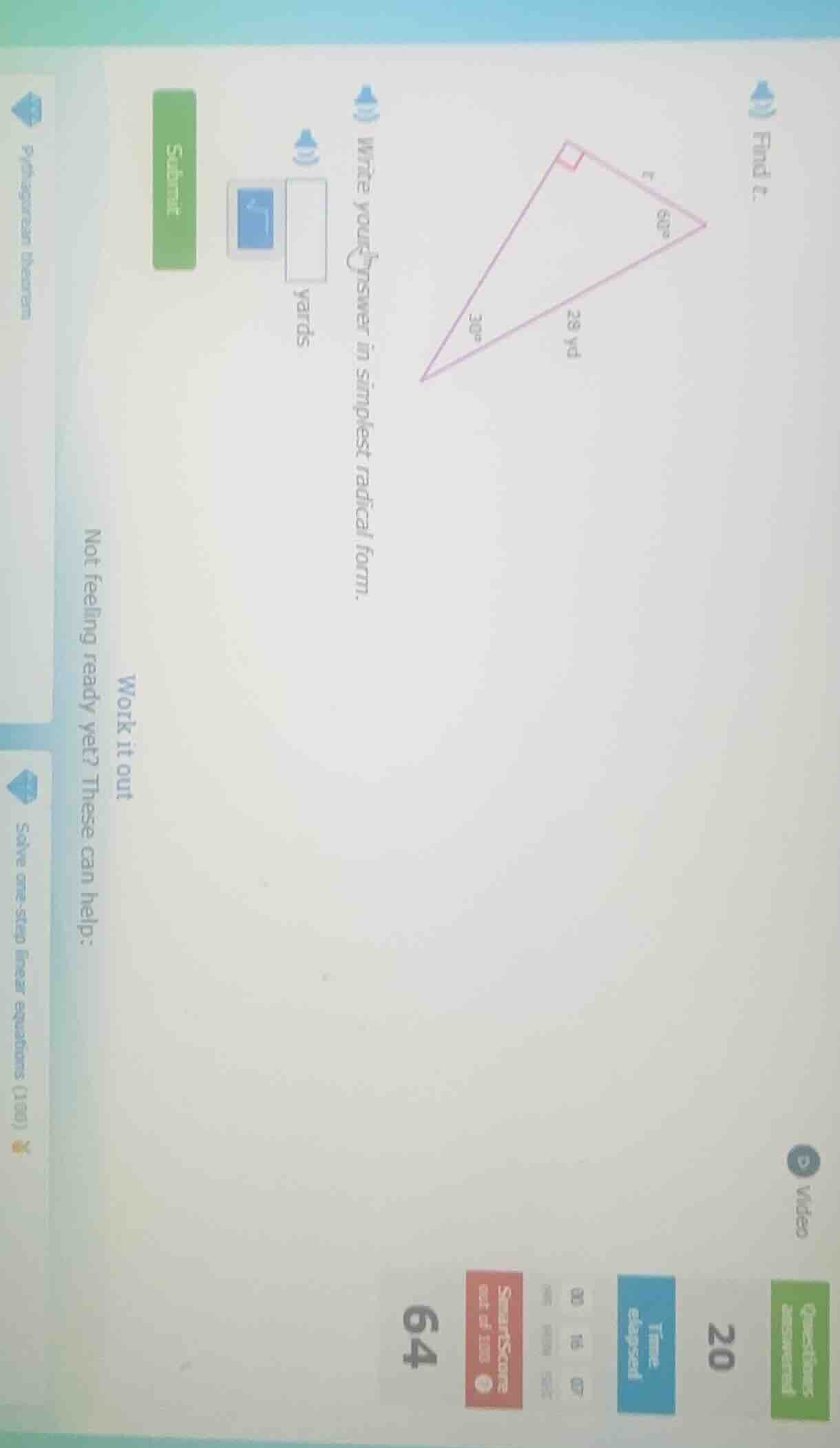 find c. write your answer in simplest radical form. yards submit work i…