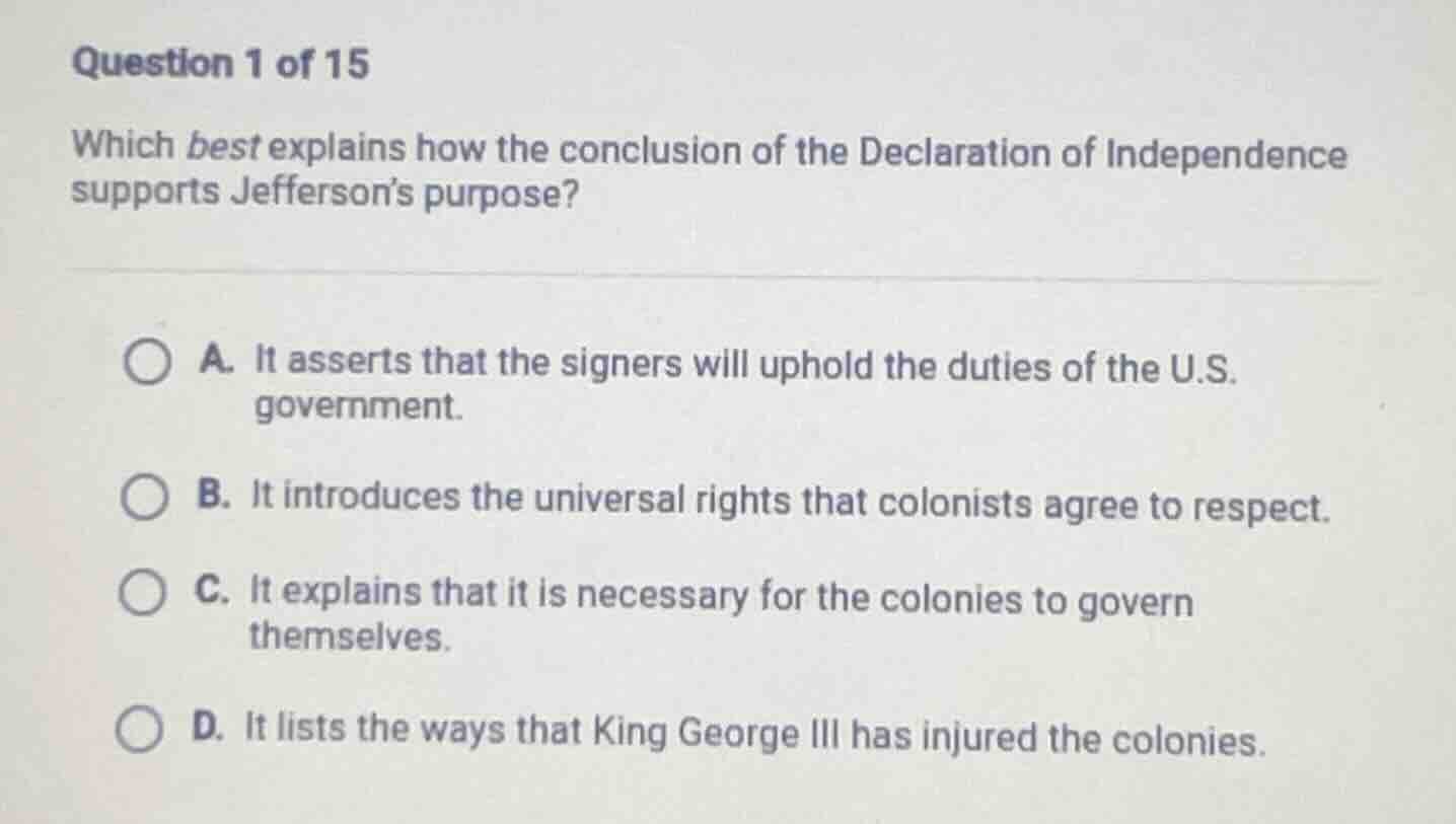 question 1 of 15 which best explains how the conclusion of the declarat…