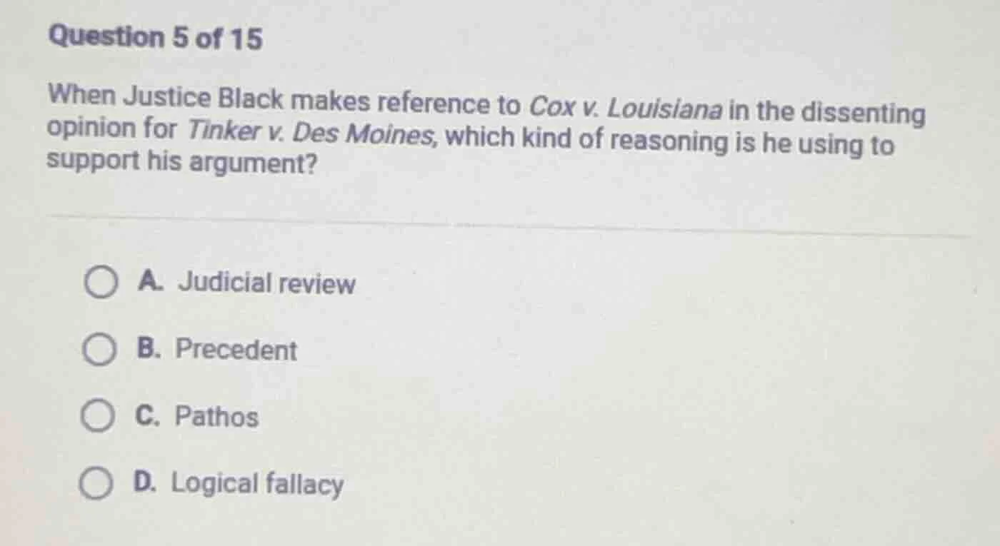 question 5 of 15 when justice black makes reference to cox v. louisiana…