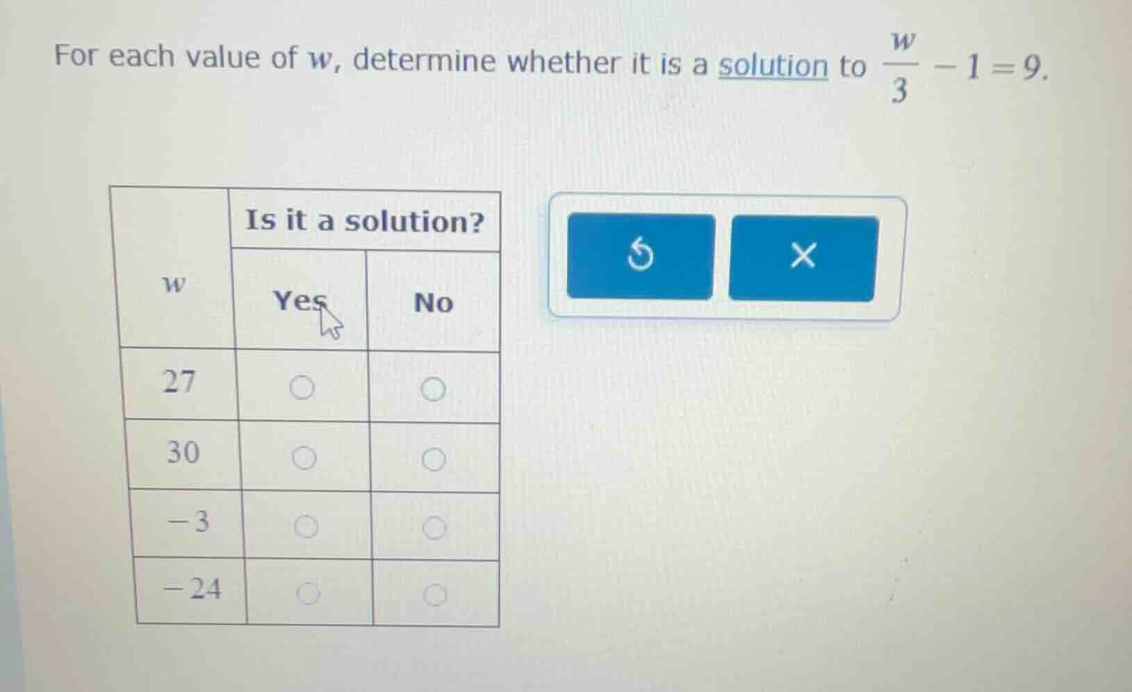 for each value of w, determine whether it is a solution to \\(\\frac{w}…