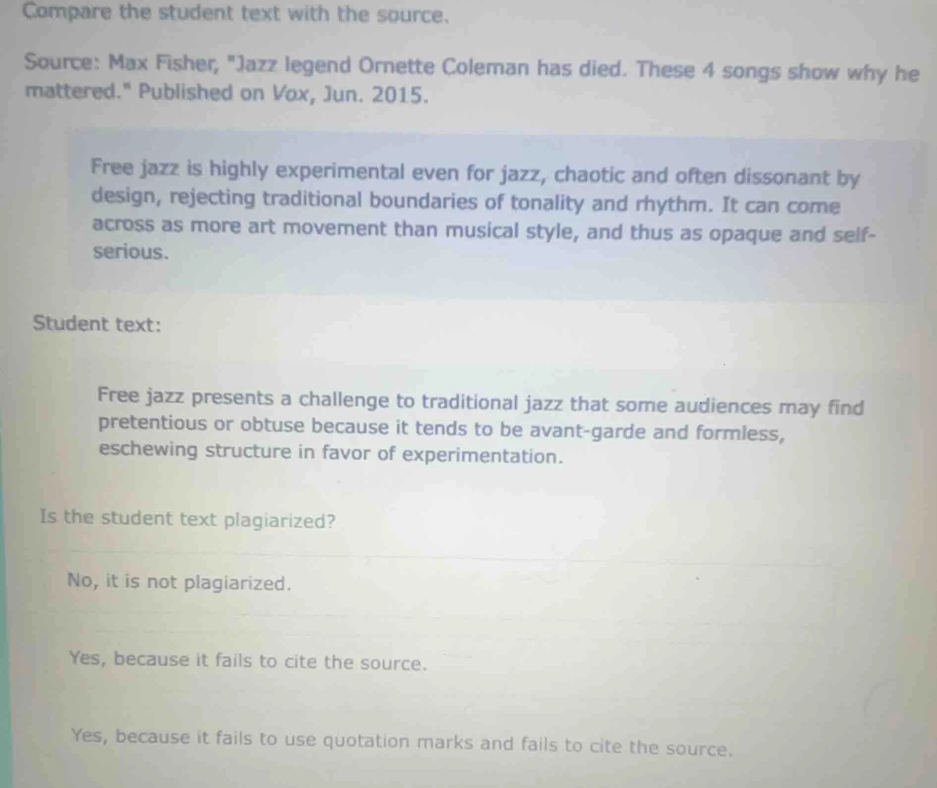 compare the student text with the source. source: max fisher, \jazz leg…