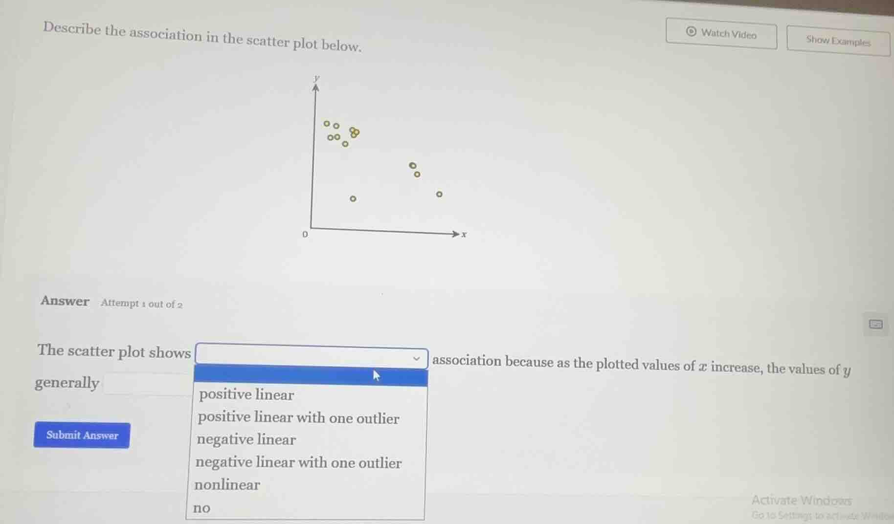 describe the association in the scatter plot below. answer attempt 1 ou…