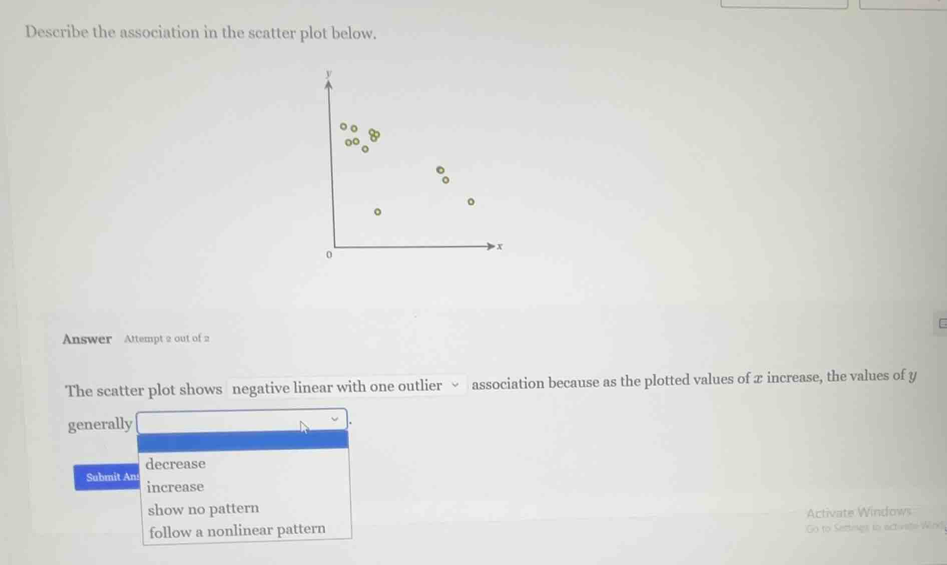 describe the association in the scatter plot below. answer attempt 2 ou…