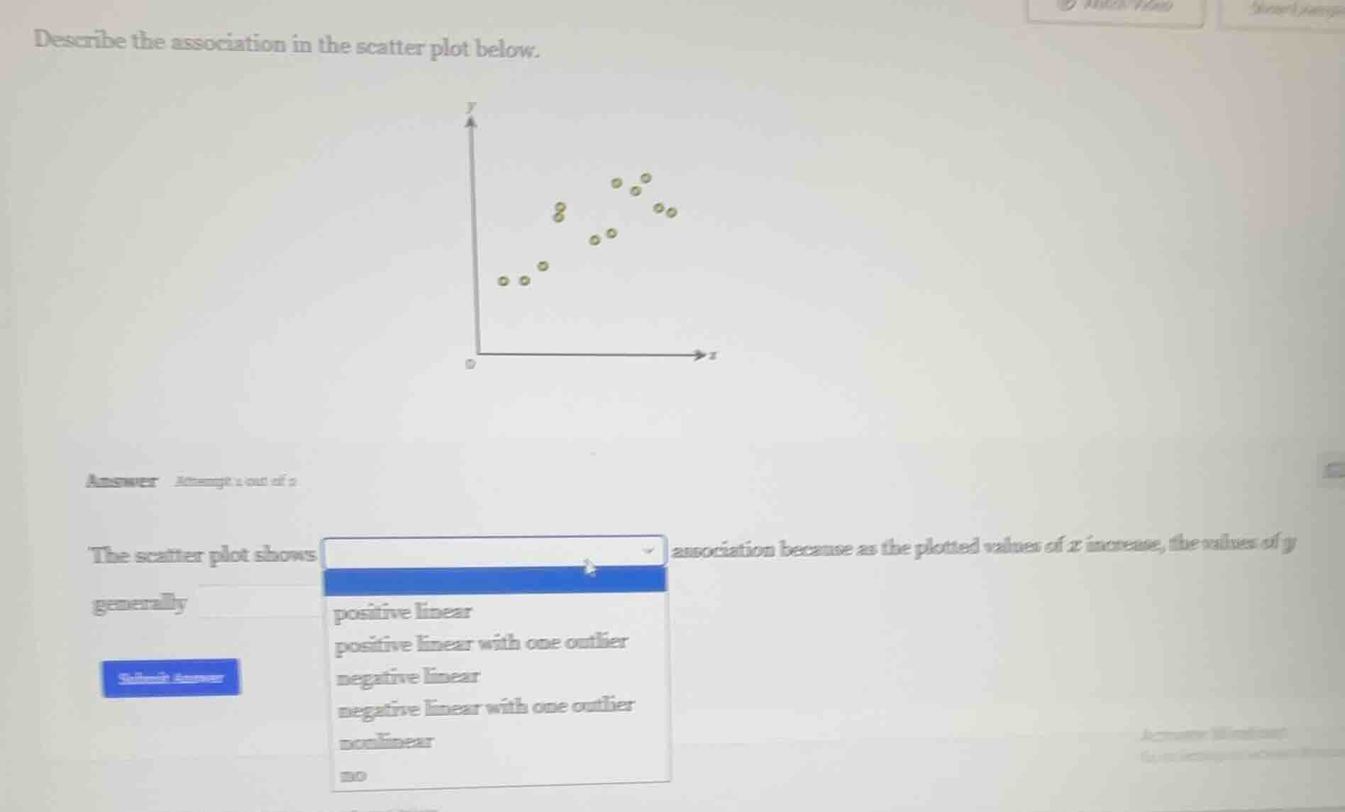describe the association in the scatter plot below. answer attempt 1 ou…