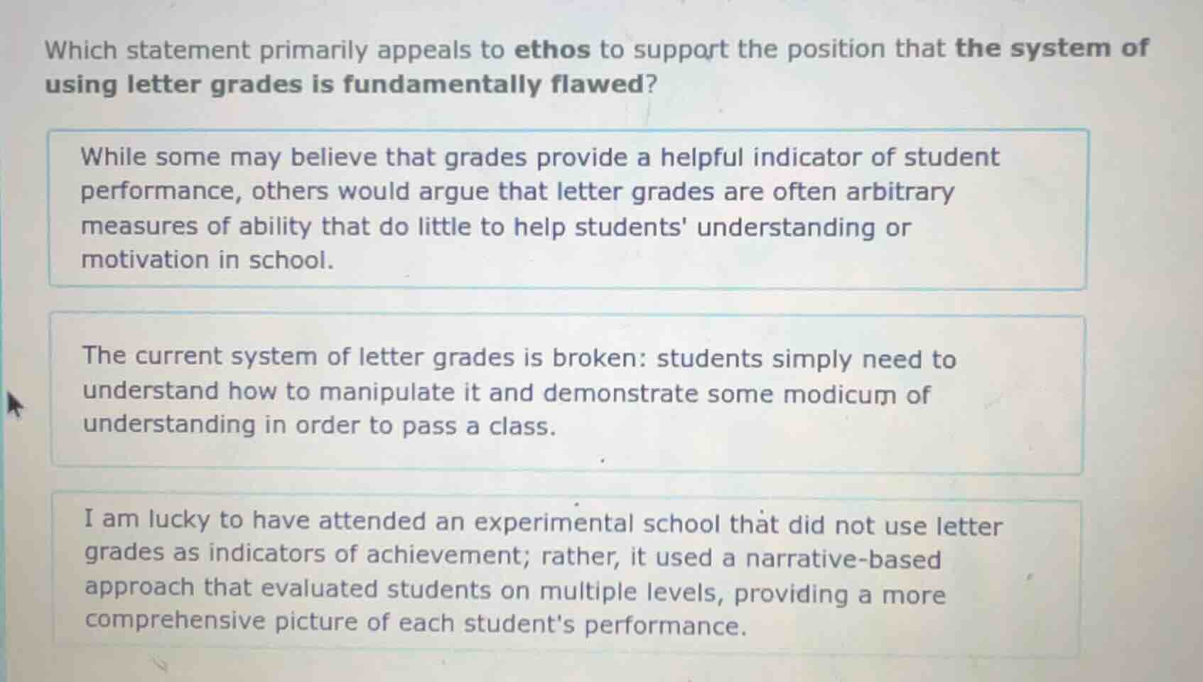 which statement primarily appeals to ethos to support the position that…
