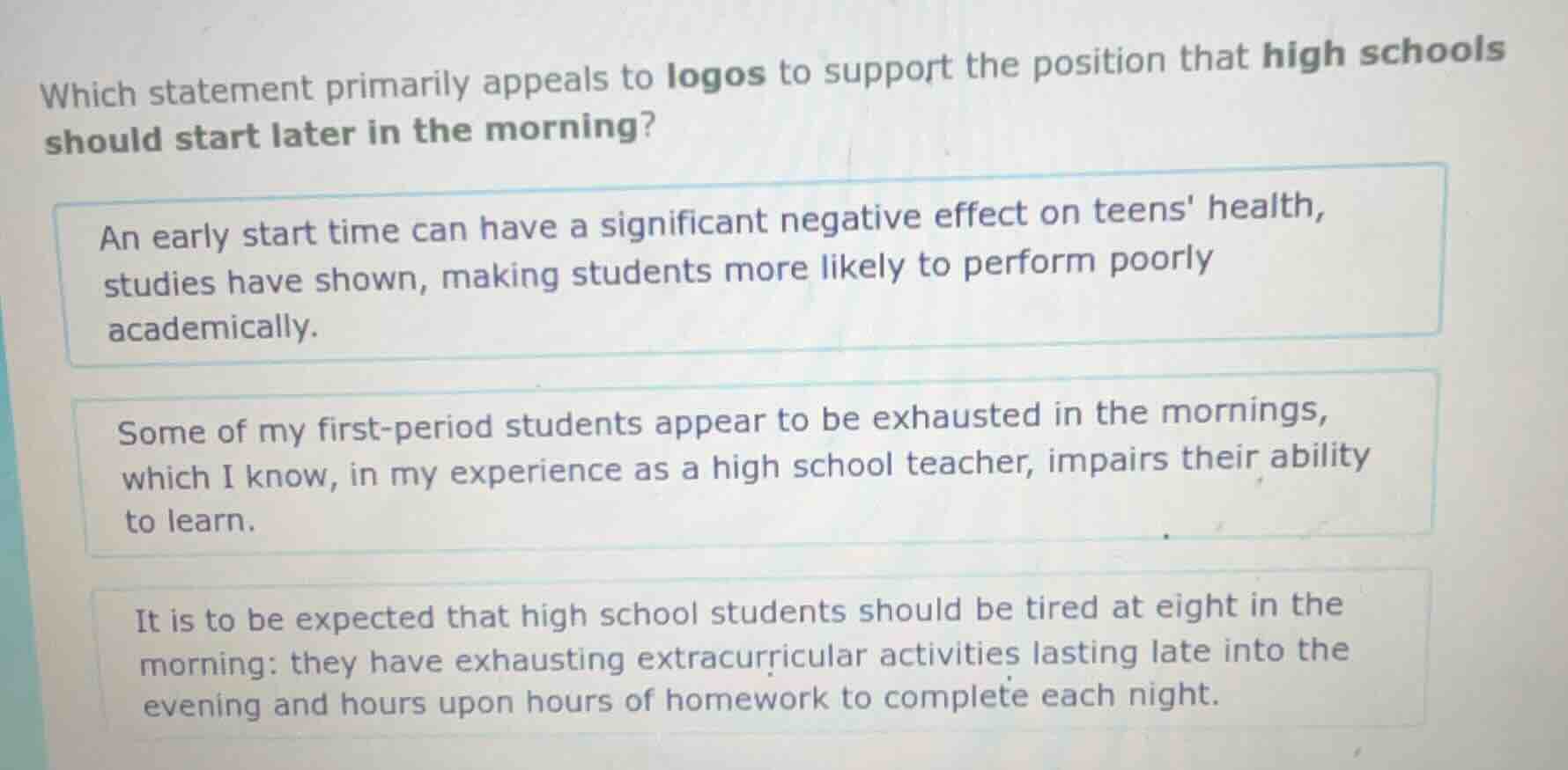 which statement primarily appeals to logos to support the position that…