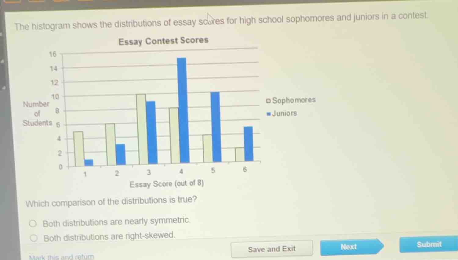 the histogram shows the distributions of essay scores for high school s…