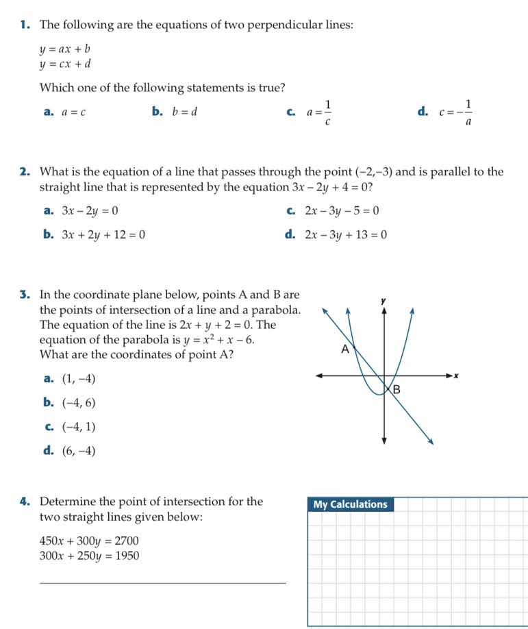 1. the following are the equations of two perpendicular lines: y = ax +…