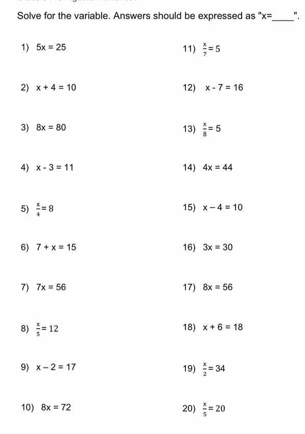 solve for the variable. answers should be expressed as \x=____\. 1) $5x…