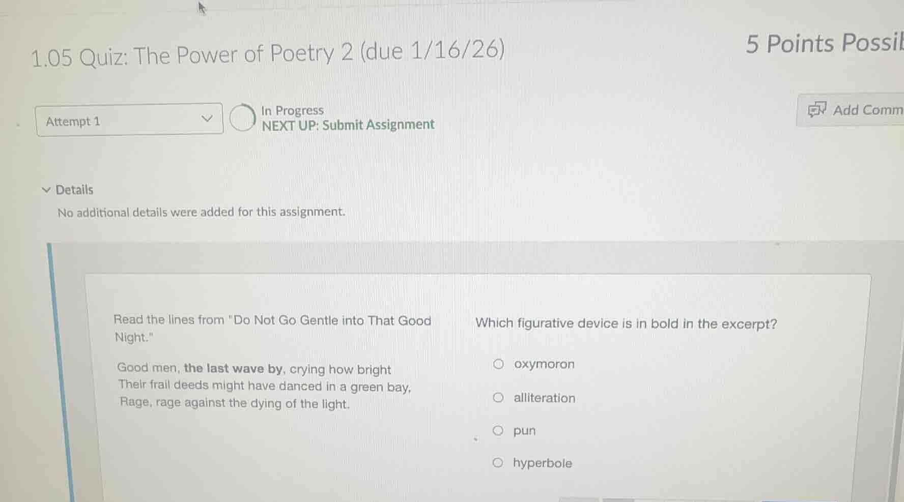 1.05 quiz: the power of poetry 2 (due 1/16/26) attempt 1 in progress ne…