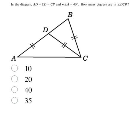 in the diagram, ( ad = cd = cb ) and ( mangle a = 40^circ ). how many d…