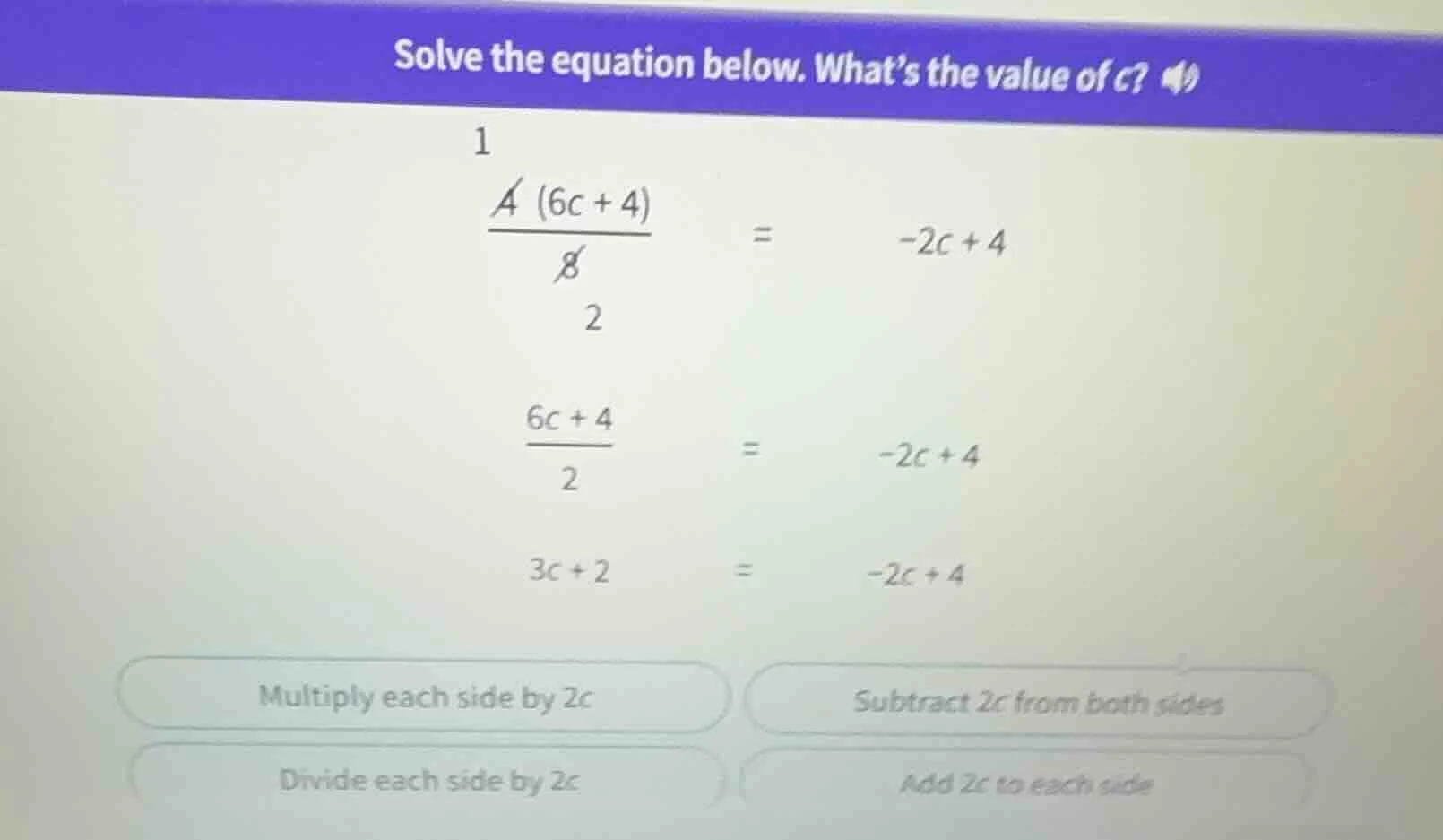 solve the equation below. what’s the value of c? \\(\\frac{4(6c + 4)}{8…