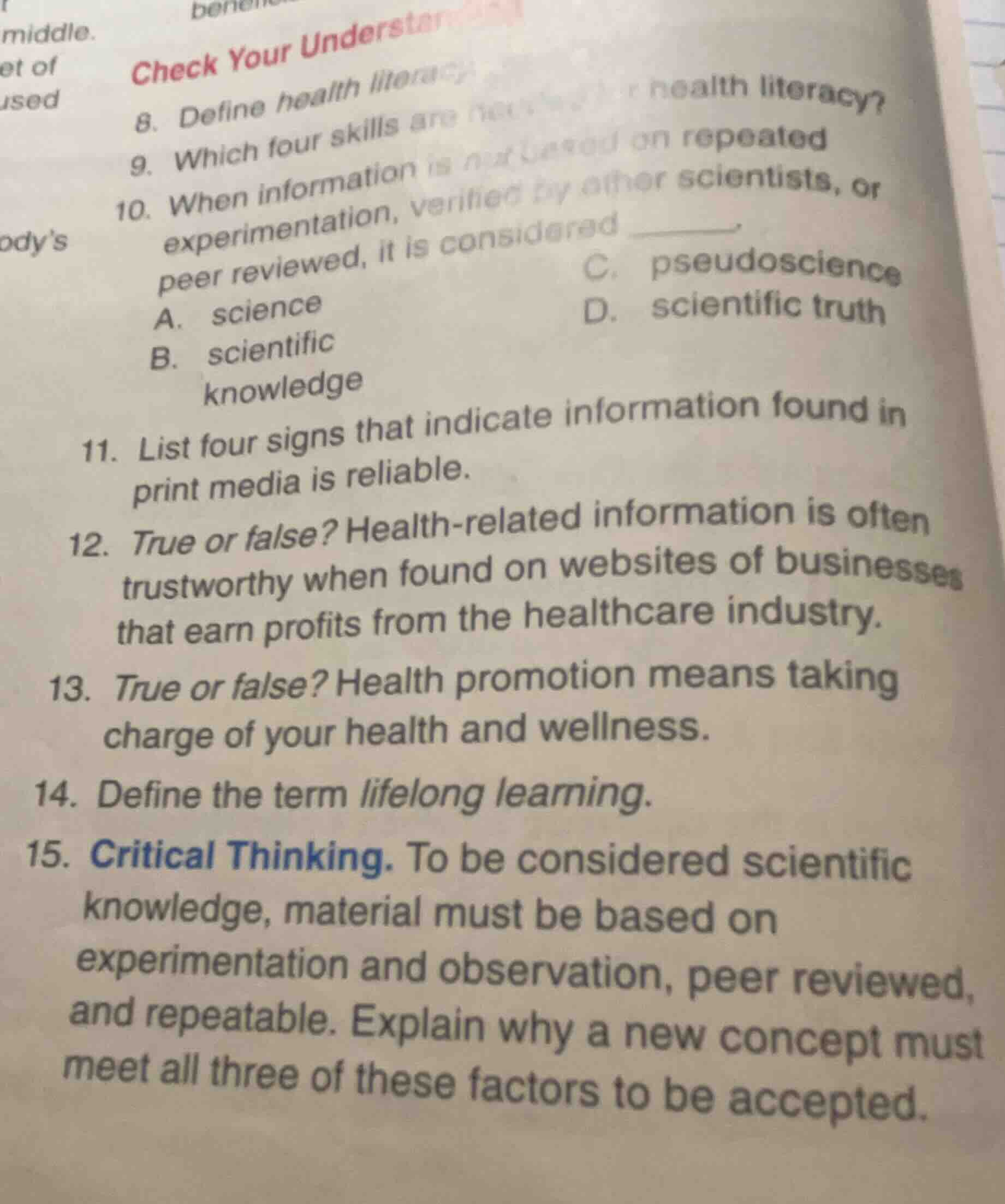 check your understanding 8. define health literacy 9. which four skills…