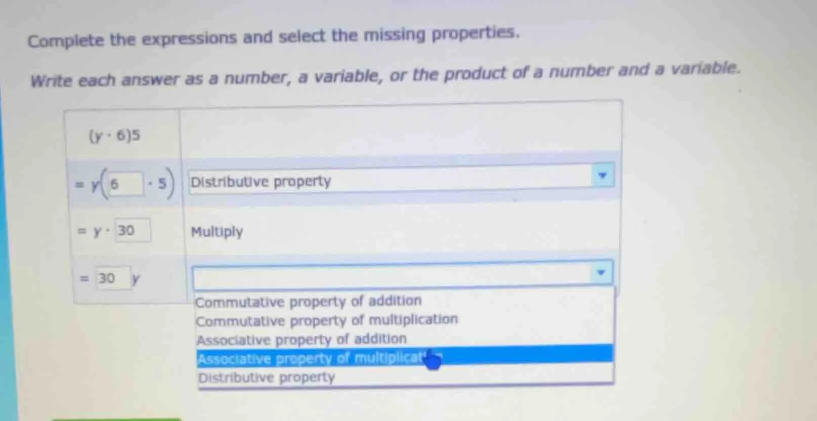 complete the expressions and select the missing properties. write each …