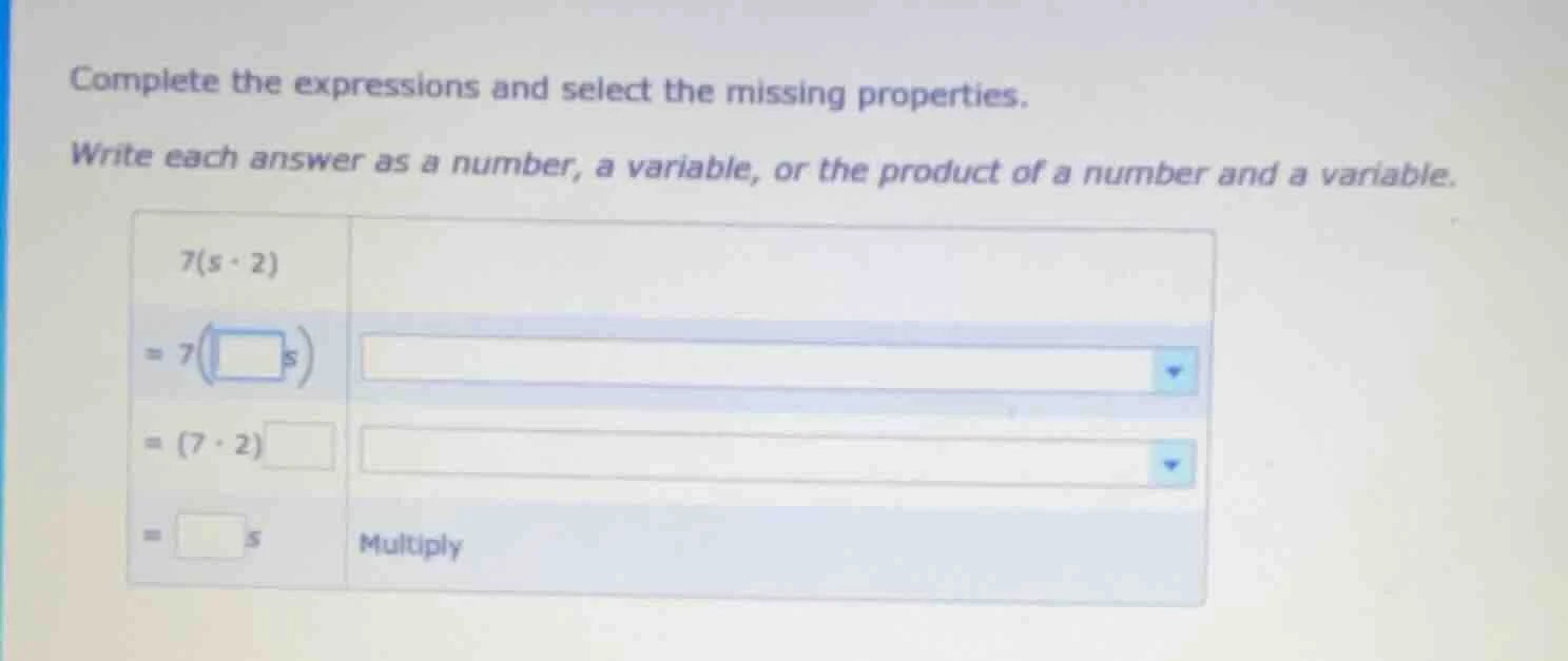complete the expressions and select the missing properties. write each …