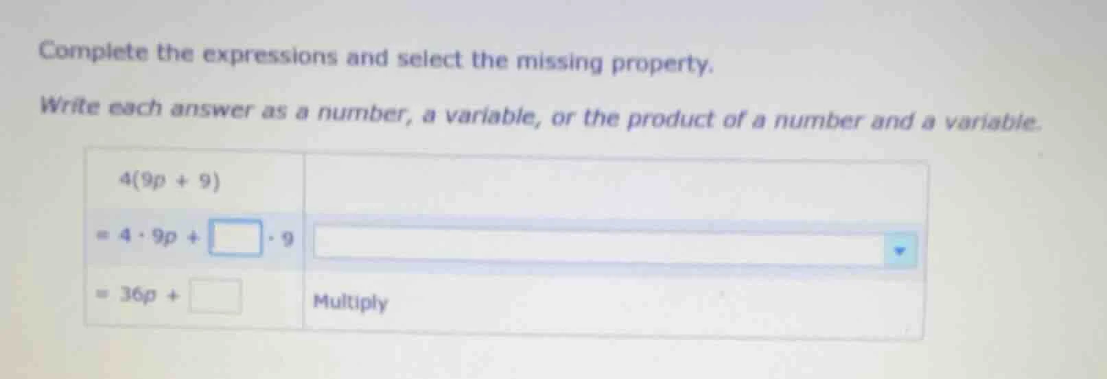 complete the expressions and select the missing property. write each an…