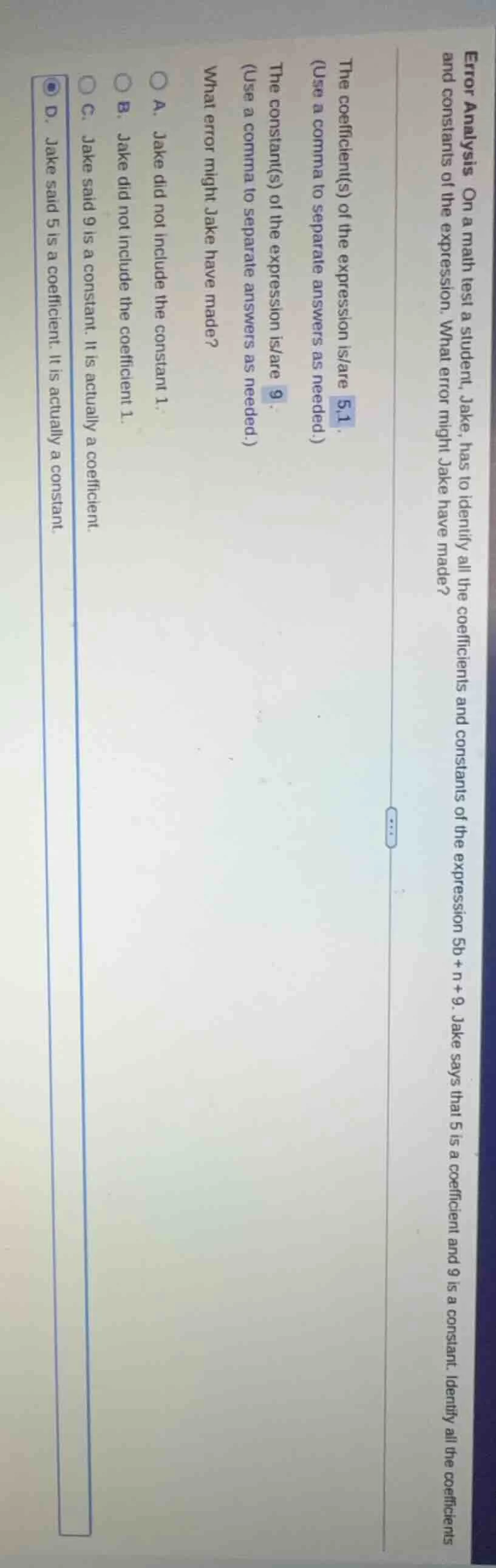 error analysis on a math test a student, jake, has to identify all the …