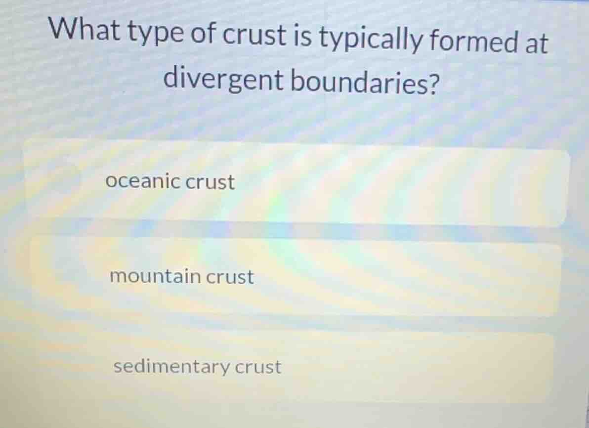 what type of crust is typically formed at divergent boundaries? oceanic…