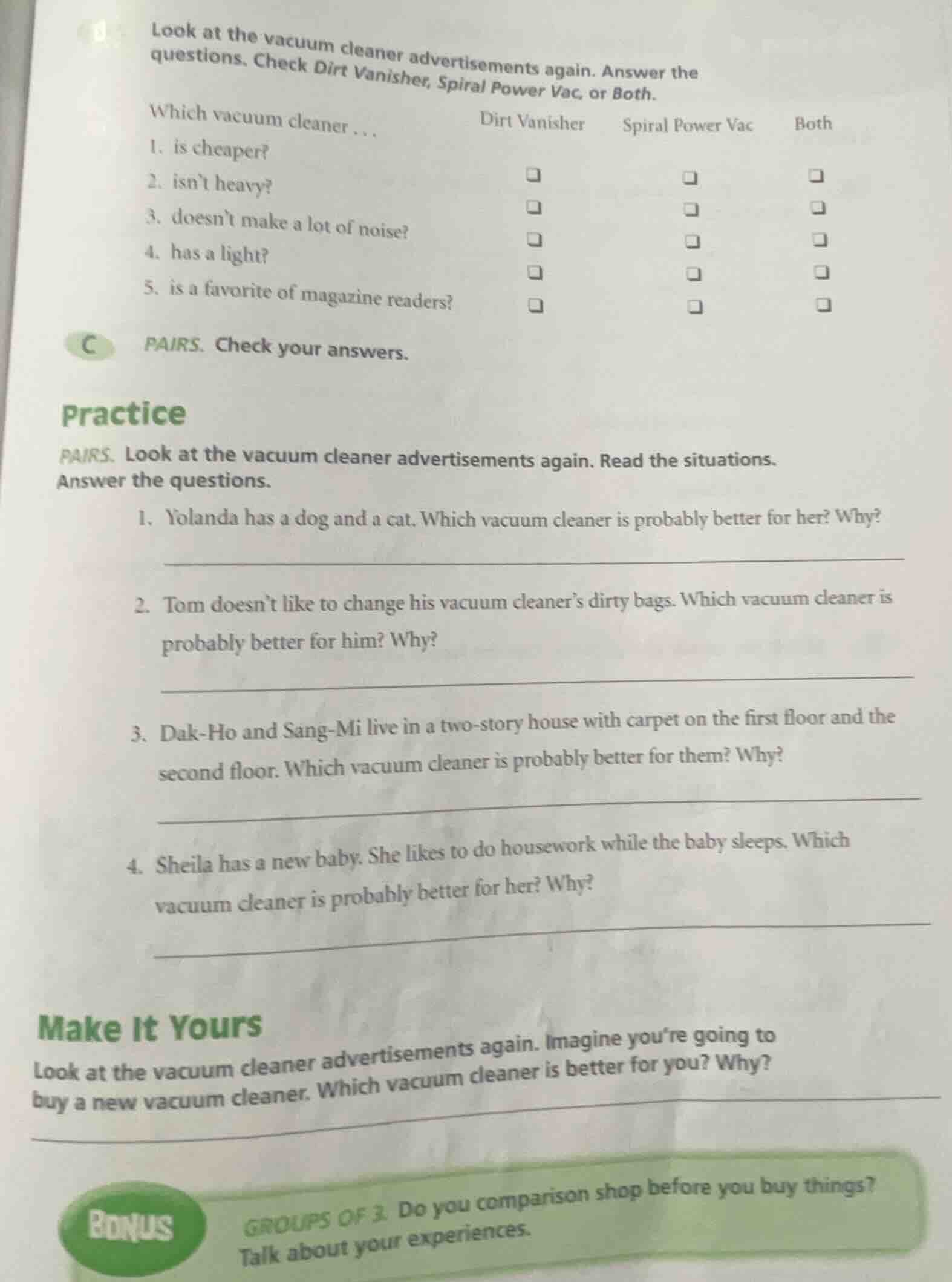 look at the vacuum cleaner advertisements again. answer the questions. …