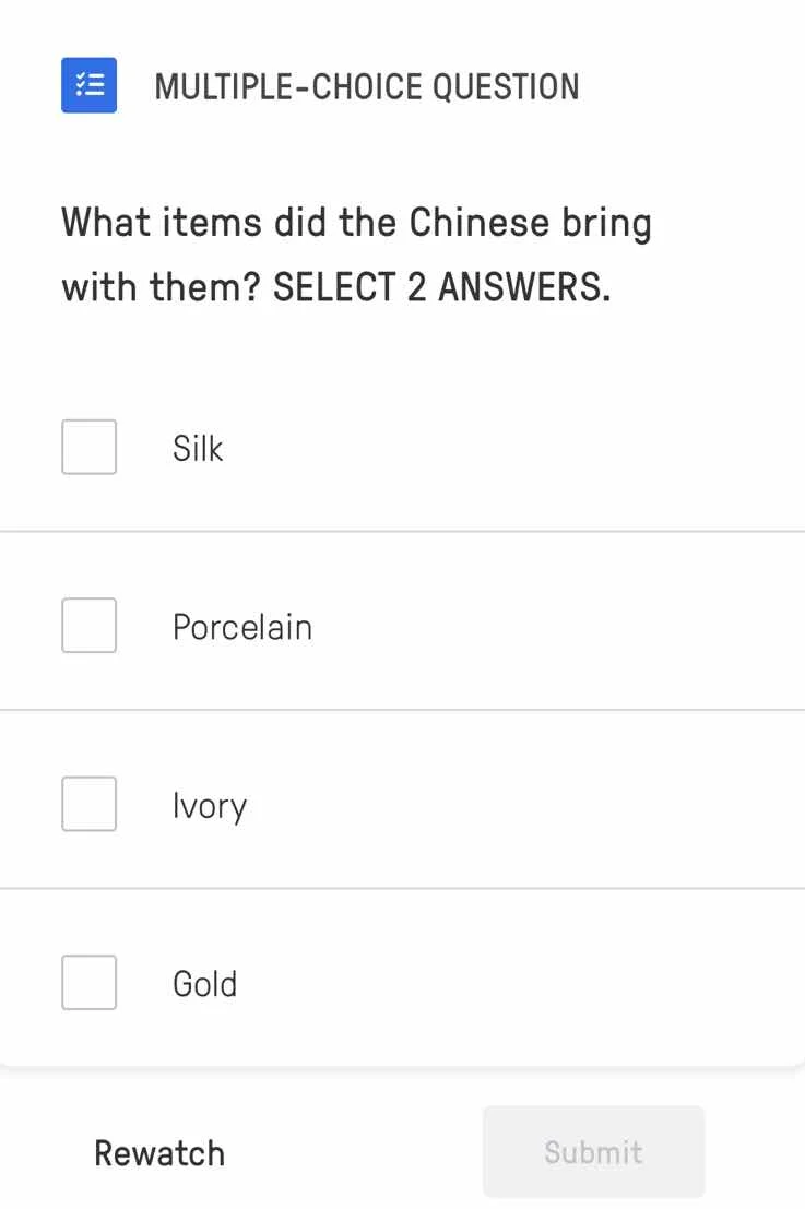 multiple-choice question what items did the chinese bring with them? se…