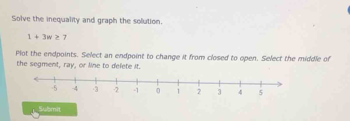 solve the inequality and graph the solution. 1 + 3w ≥ 7 plot the endpoi…